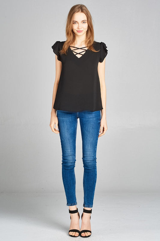 Ladies fashion ruffle sleeve v-neck w/cross strap crepe woven top