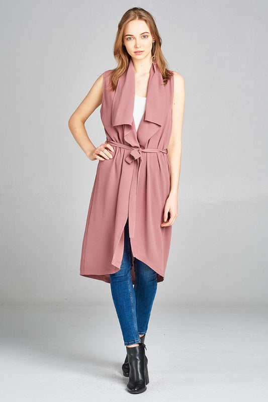 Ladies fashion sleeveless shawl lapel handkerchief hem waist belt knee length woven jacket