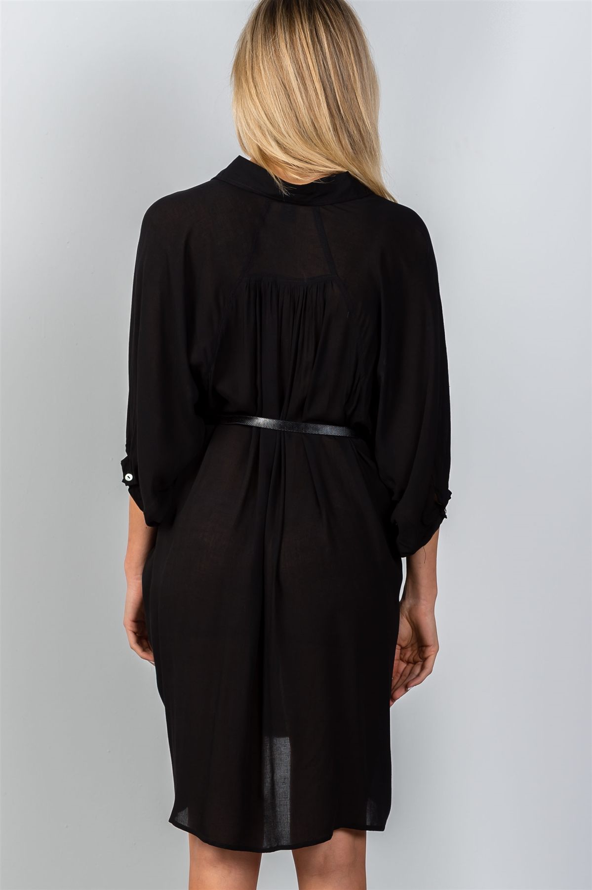 Ladies fashion button down front closure sheer batwing sleeves t-shirt belt included dress