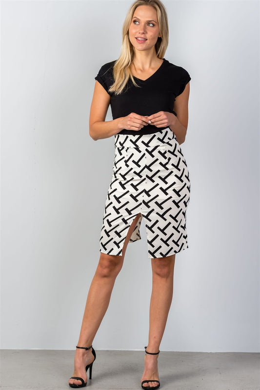 Ladies fashion black & white "t" print double split pencil mini skirt