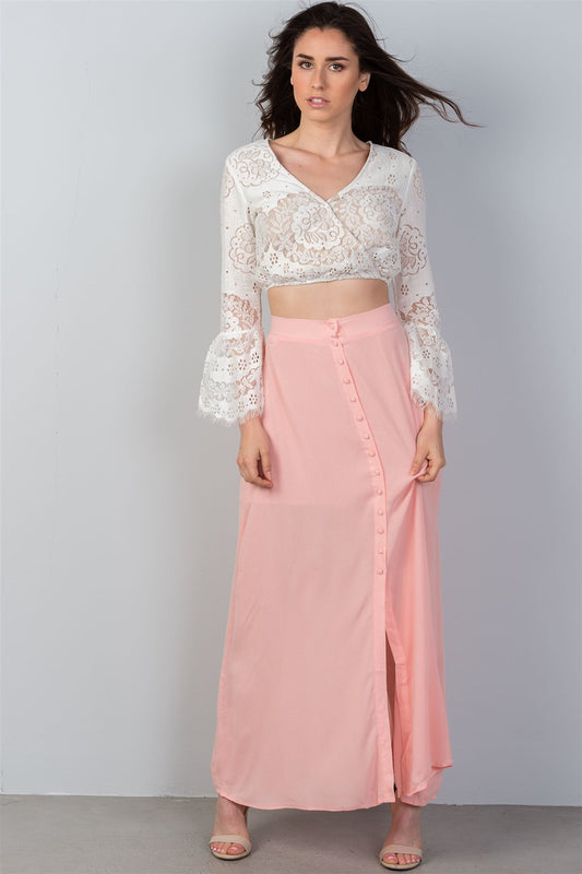 Ladies fashion maxi length front split front button closure partially lined elastic back detail skirt