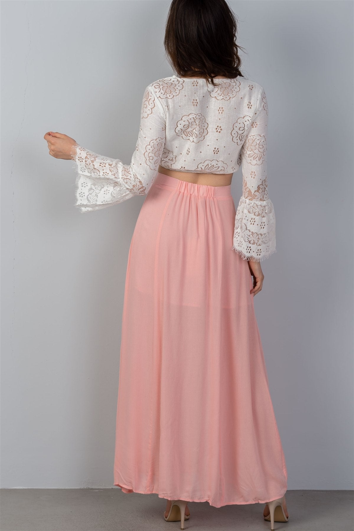 Ladies fashion maxi length front split front button closure partially lined elastic back detail skirt