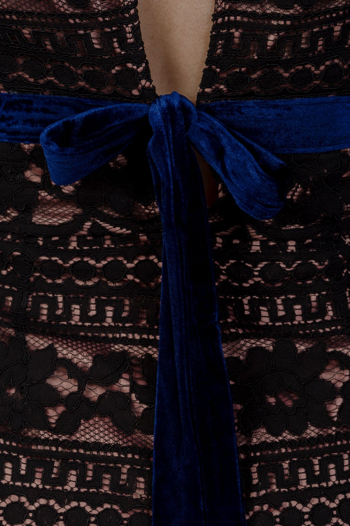 Ladies fashion black & navy velvet back-tie floral lace mini dress