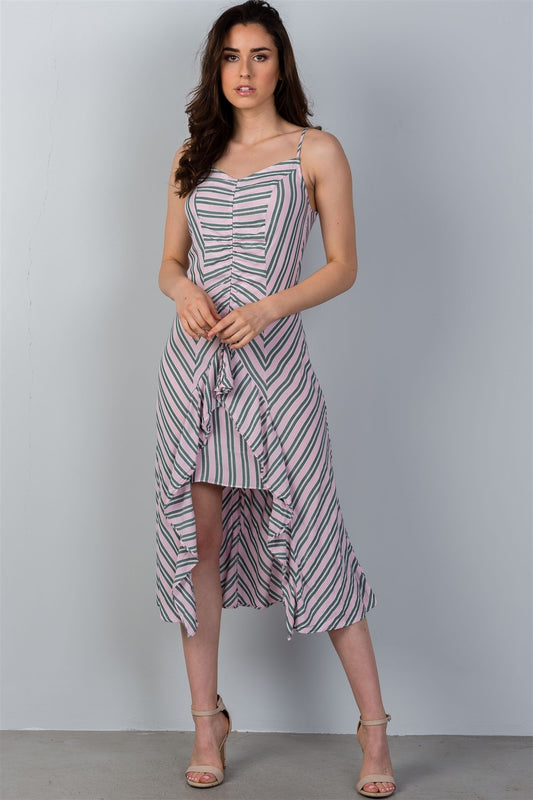 Ladies fashion high low design stripes asymmetrical ruched front midi dress