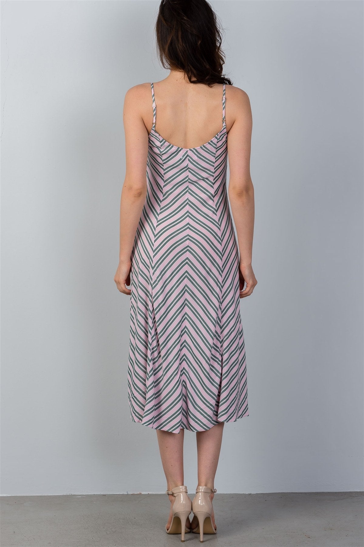 Ladies fashion high low design stripes asymmetrical ruched front midi dress