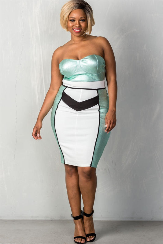 Ladies fashion plus size mint & white colorblock strapless bustier midi dress