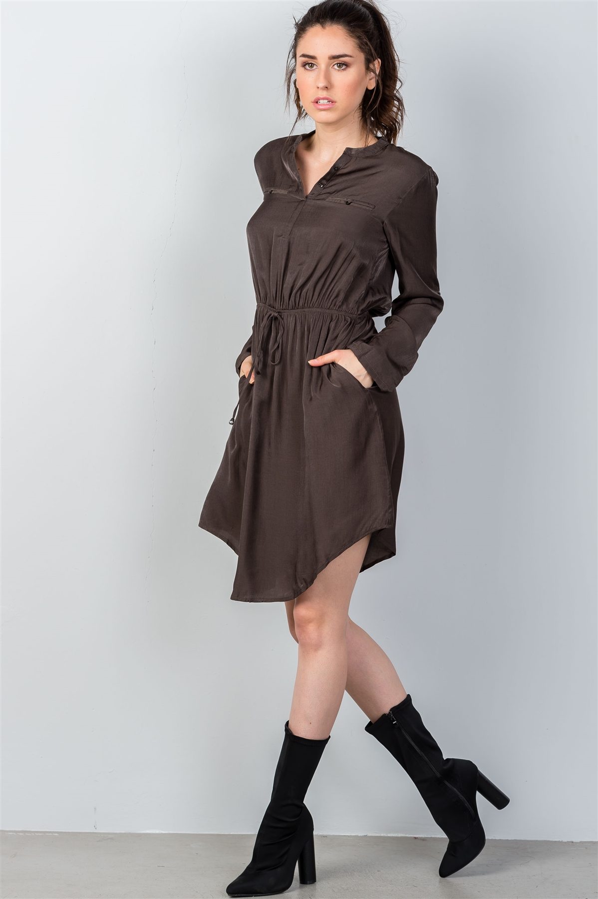 Ladies fashion long sleeve button front closure drawstring waist casual dress