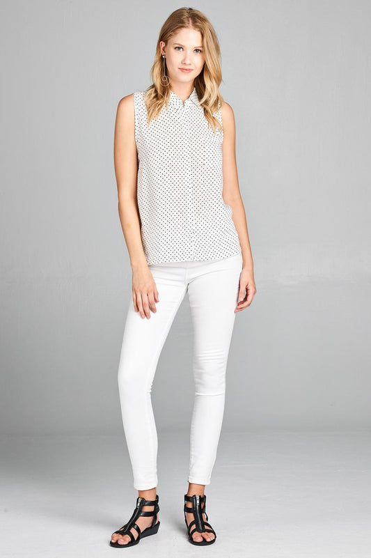Ladies fashion plus size sleeveless w/pocket dot print rayon challis woven top