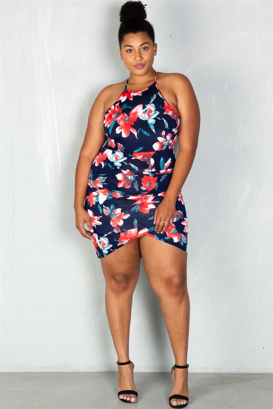 Ladies fashion plus size floral print cross strap ruched bodycon mini dress