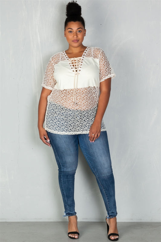 Ladies fashion plus size solid panel crochet lace up boho top