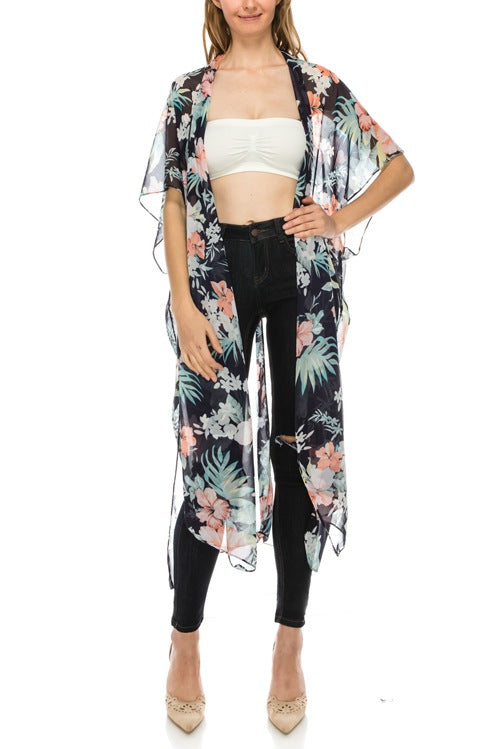 Floral print sheer open front cardigan