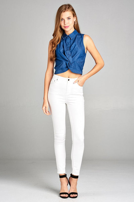 Ladies fashion sleeveless front button and knot detail crop shirt chambray top