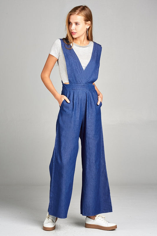 Ladies fashion v-neck cross shoulder strap long wide chambray jumpsuit