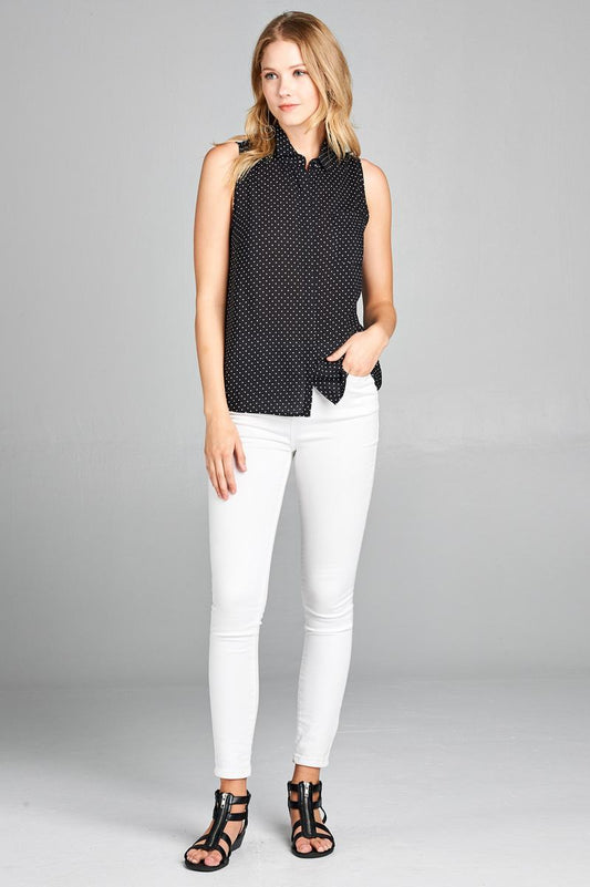 Ladies fashion sleeveless w/pocket dot print rayon challis woven top