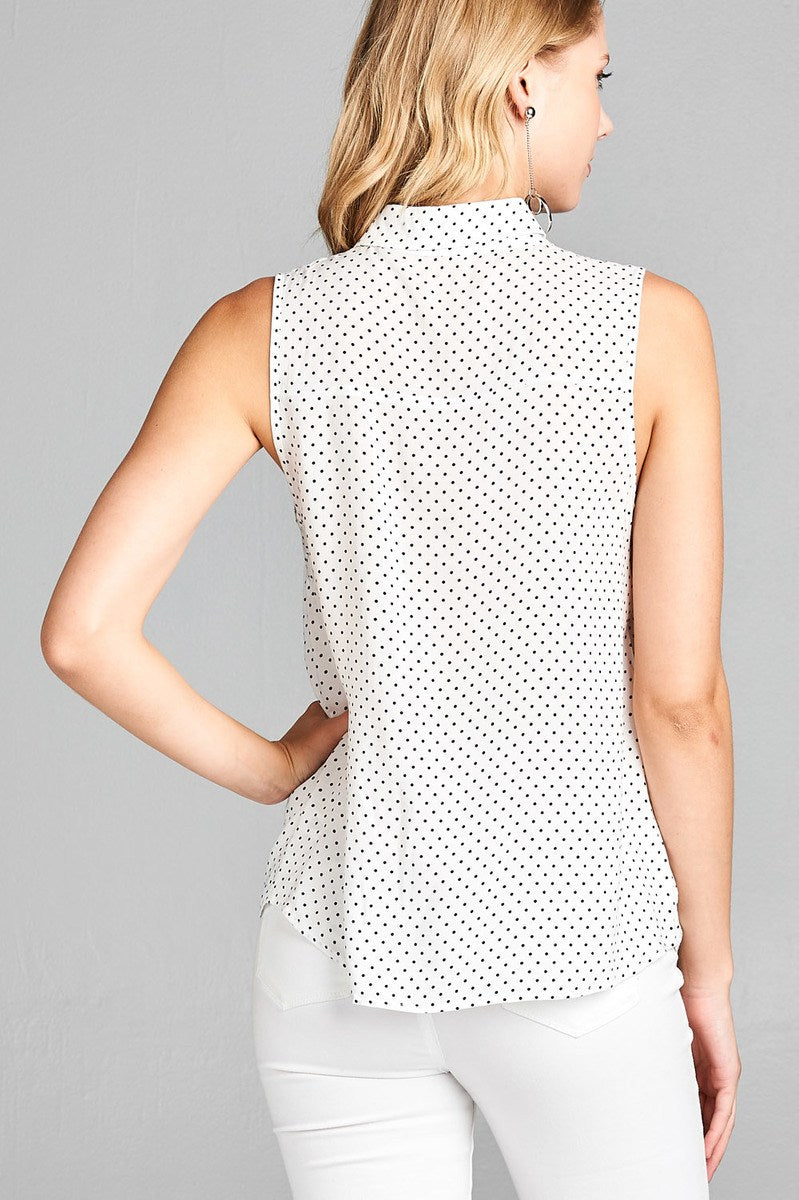 Ladies fashion sleeveless w/pocket dot print rayon challis woven top