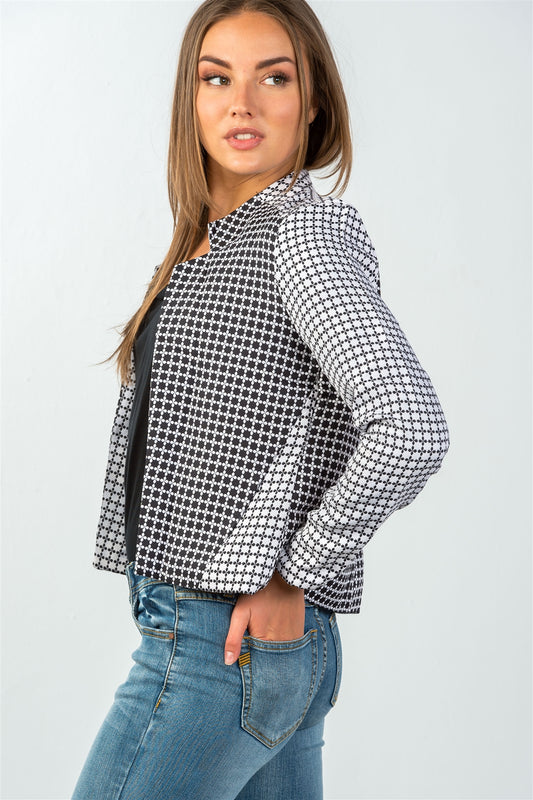 Ladies fashion two pockets black & cream checkered monochrome blazer