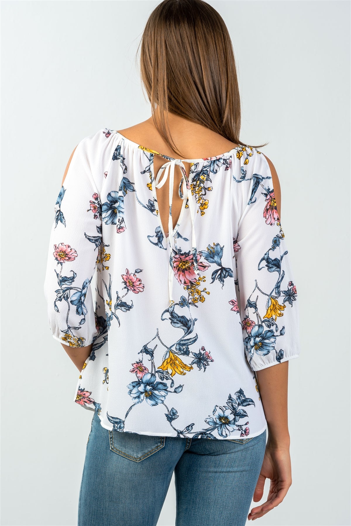 Ladies fashion 3/4 sleeves white & floral print tie back cold shoulder top
