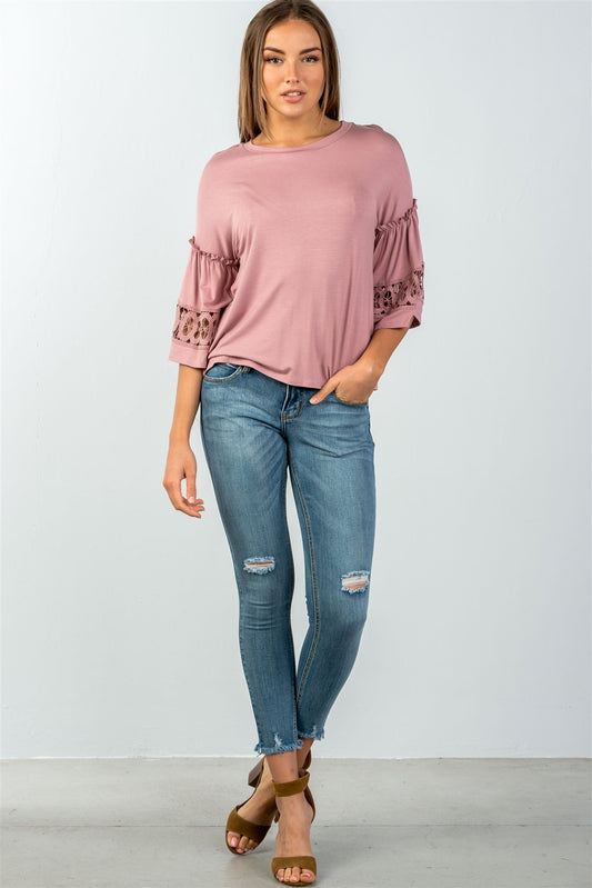 Ladies fashion 3/4 sleeves crochet-trim gathered-sleeve top