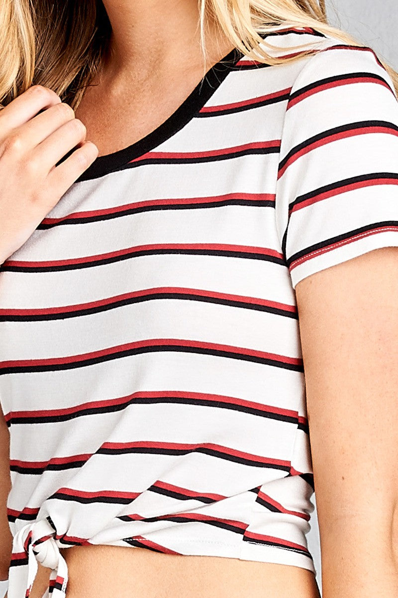 Ladies fashion short sleeve round contrast neck with knotted front crop multi stripe rayon spandex top