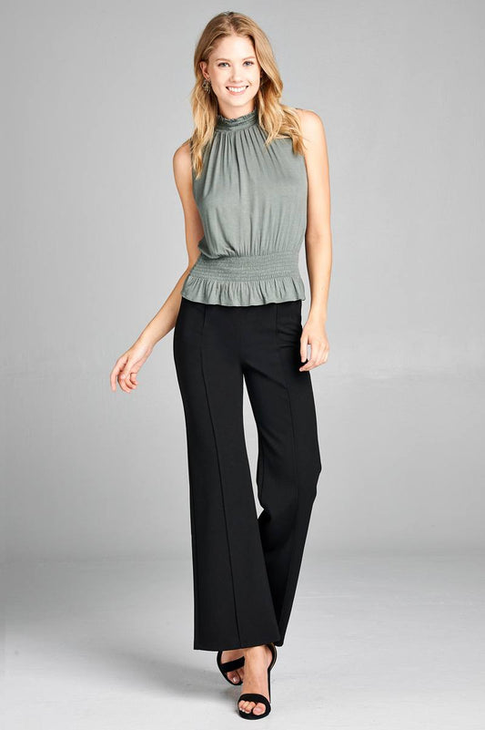 Ladies fashion sleeveless neck and waist smocked detail rayon spandex top