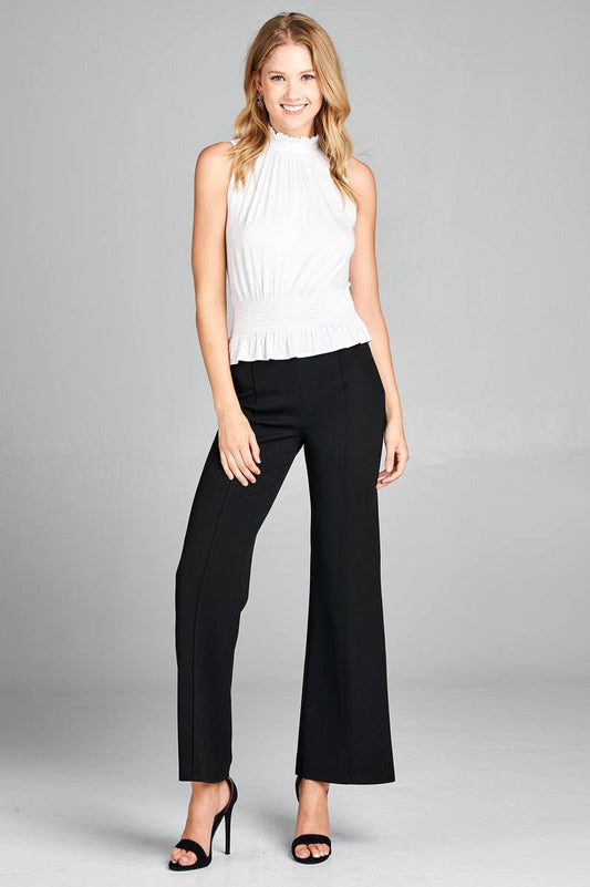 Ladies fashion sleeveless neck and waist smocked detail rayon spandex top