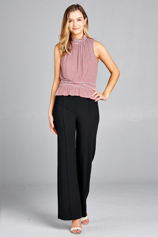 Ladies fashion leeveless neck and waist smocked detail stripe rayon spandex top