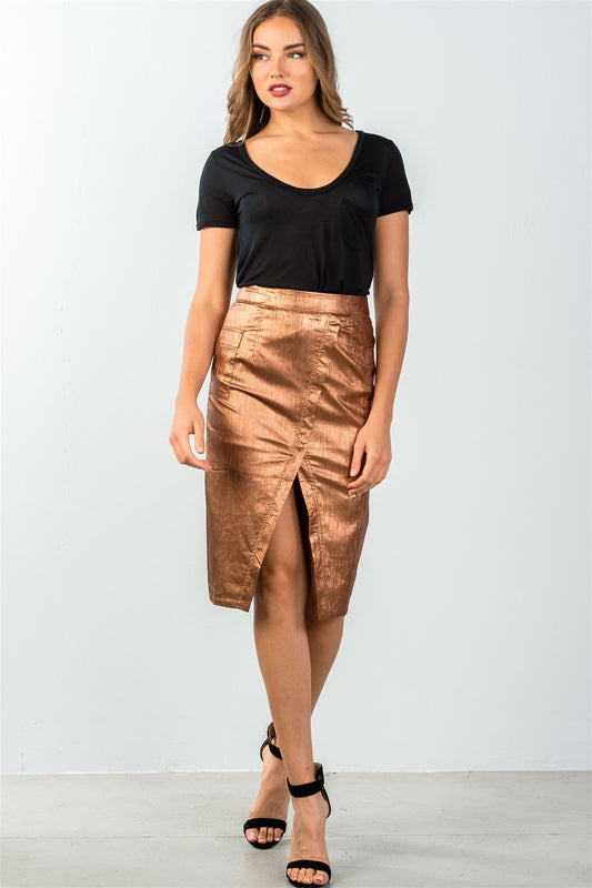 Ladies fashion mid length faux pockets metallic front split midi skirt