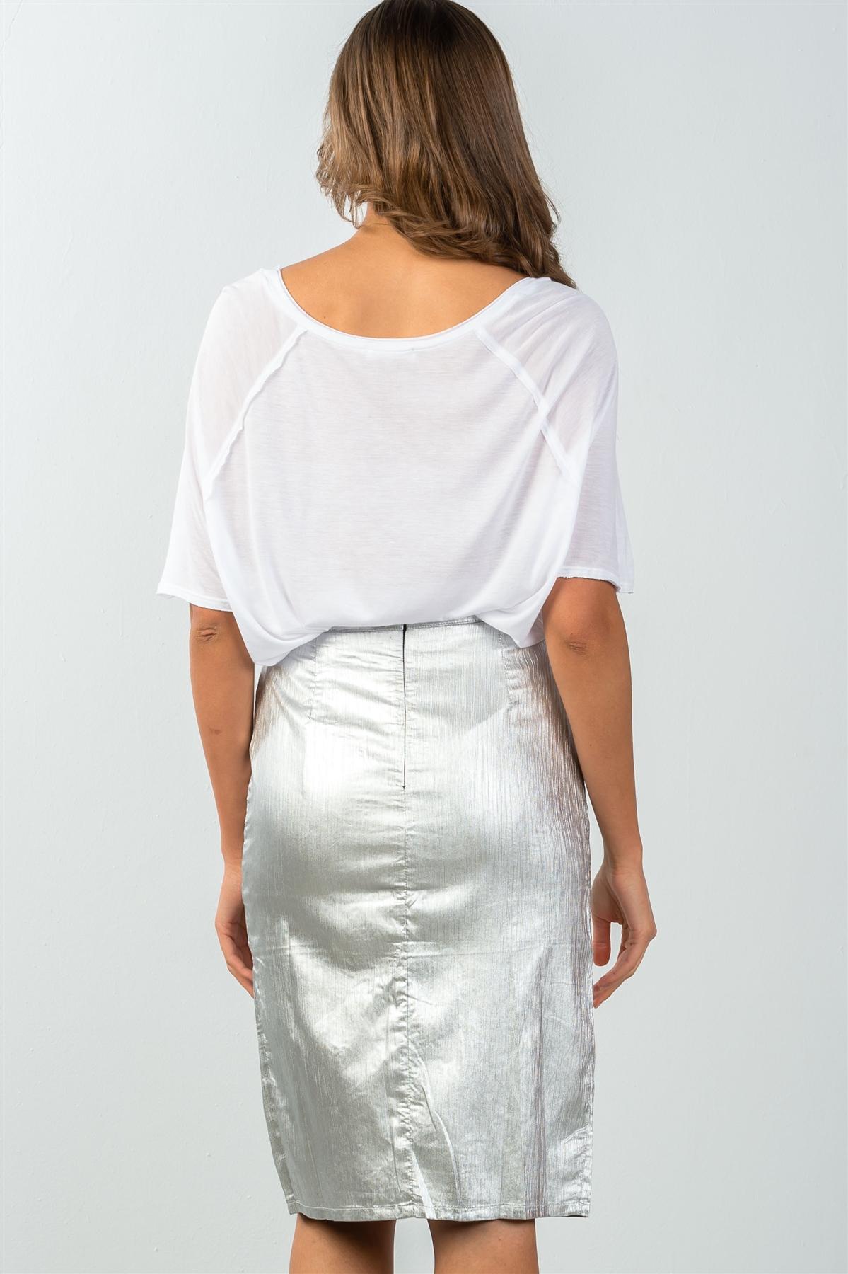 Ladies fashion mid length faux pockets metallic front split midi skirt