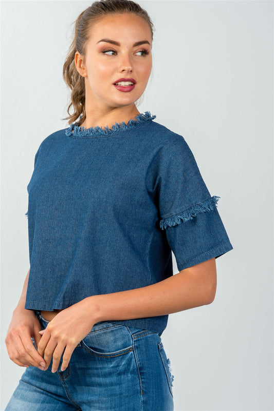 Ladies fashion loose fit shredded neckline & sleeves denim top