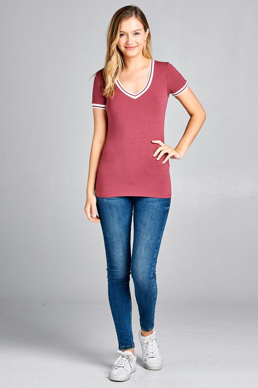 Ladies fashion plus size short contrast ribbed sleeve and collar cotton rayon spandex top