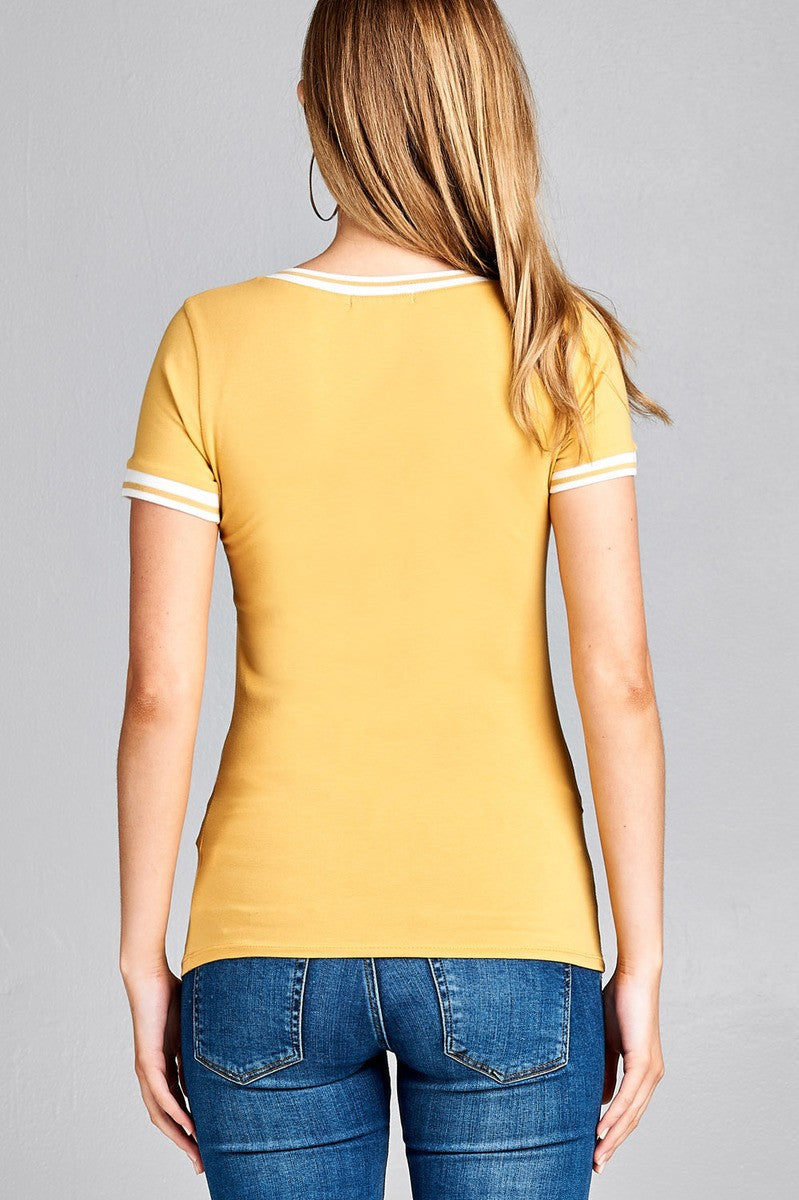 Ladies fashion plus size short contrast ribbed sleeve and collar cotton rayon spandex top