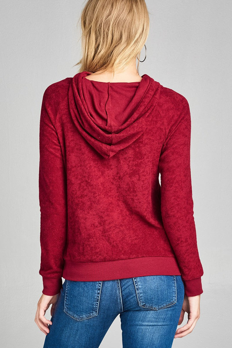 Ladies fashion plus size long sleeve hoodie pull over w/kangaroo pocket french terry top