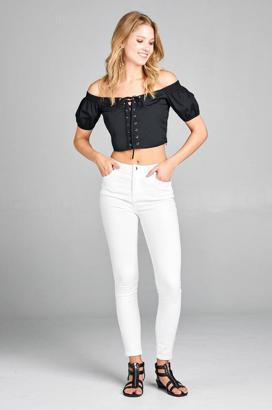 Ladies fashion short sleeve off the shoulder front eyelet w/string crop top