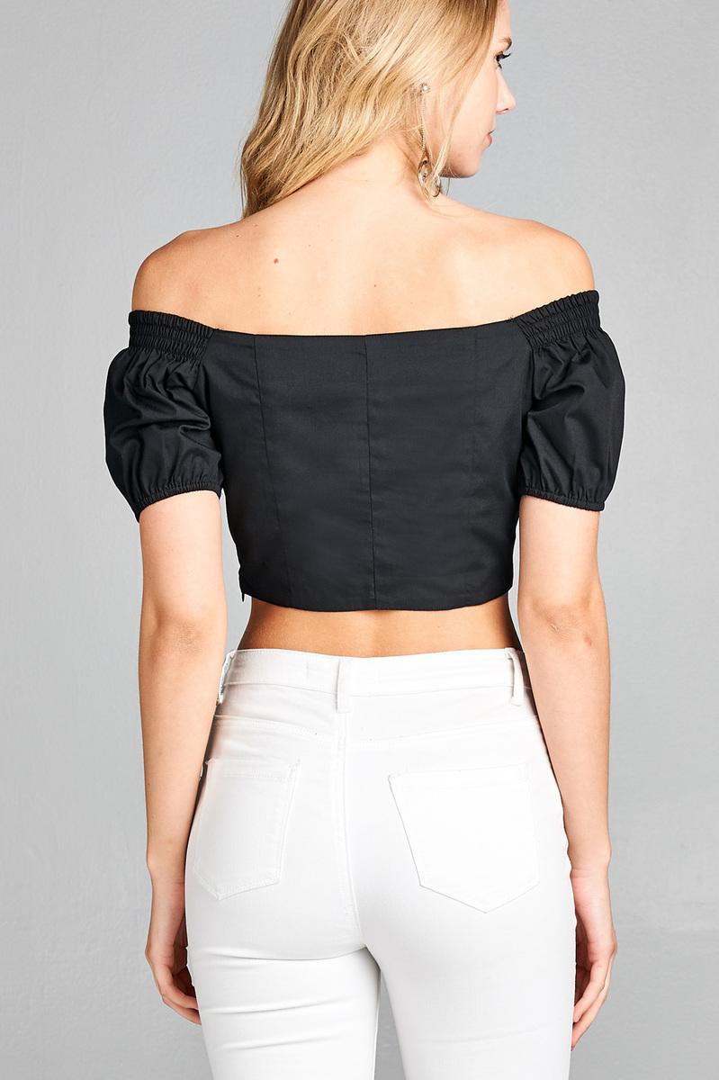 Ladies fashion short sleeve off the shoulder front eyelet w/string crop top