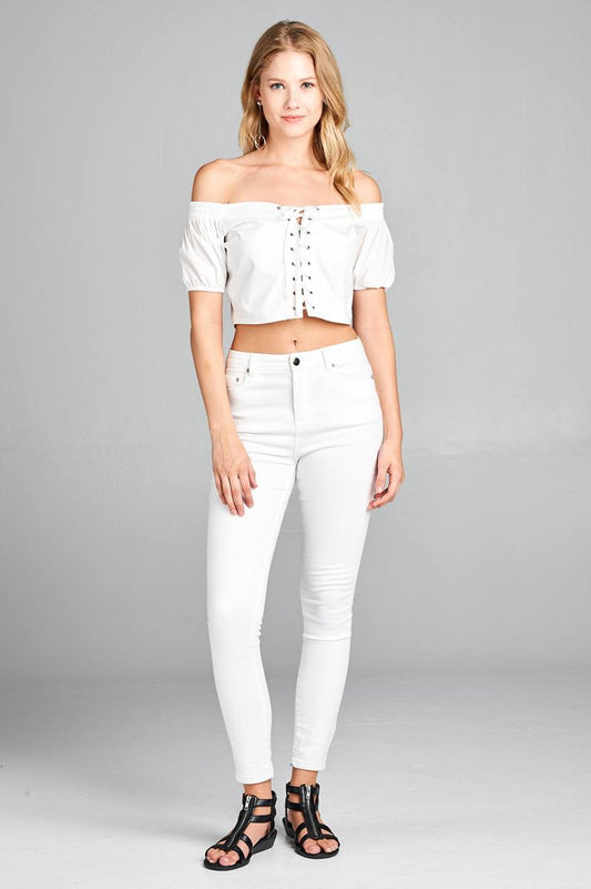 Ladies fashion short sleeve off the shoulder front eyelet w/string crop top