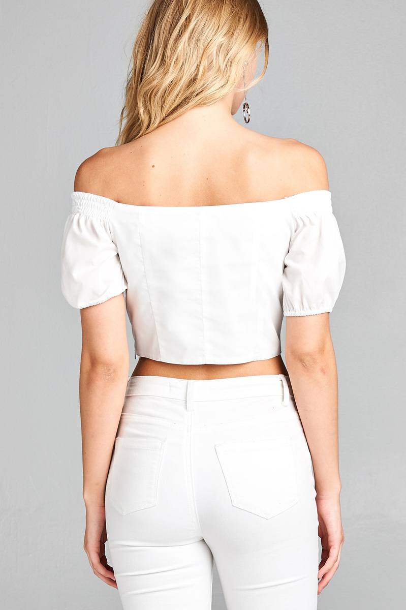 Ladies fashion short sleeve off the shoulder front eyelet w/string crop top