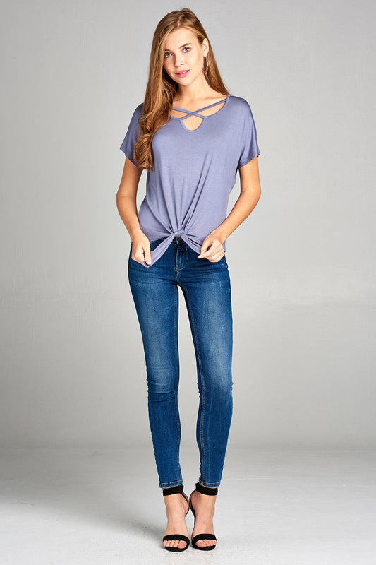 Ladies fashion short dolman sleeve v-neck cross strap rayon spandex top