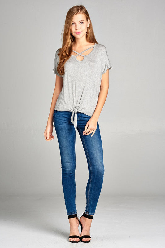 Ladies fashion short dolman sleeve v-neck cross strap rayon spandex top