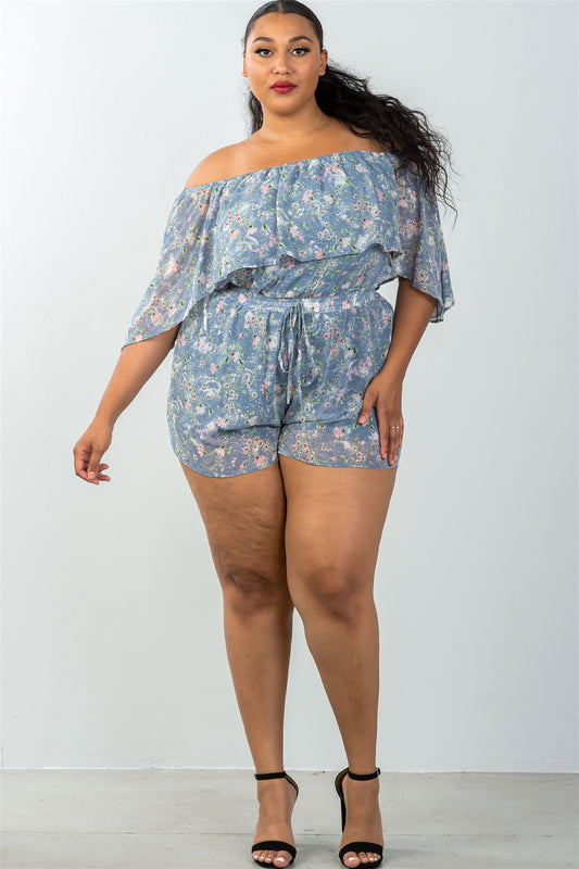 Ladies fashion plus size off the shoulder flounce floral print romper