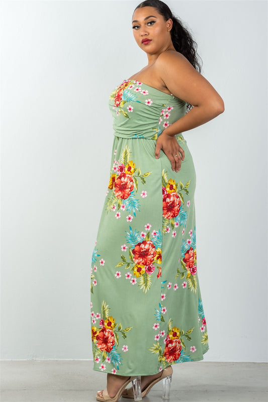 Ladies fashion plus size allover tropical floral print strapless maxi dress