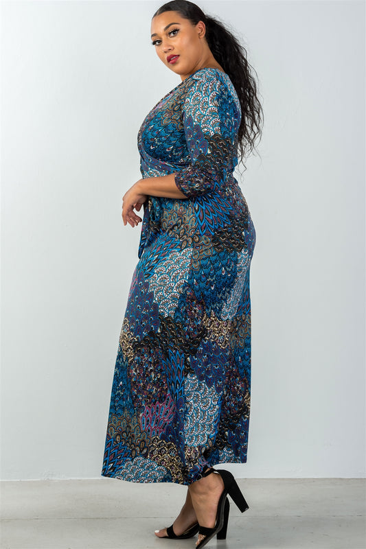Ladies fashion plus size waist tie multi-blue mix print faux wrap maxi dress