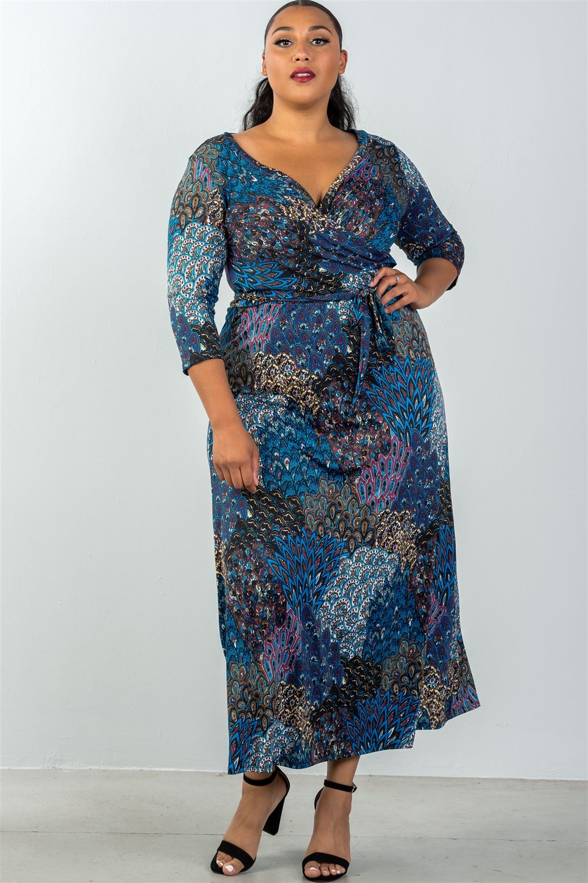 Ladies fashion plus size waist tie multi-blue mix print faux wrap maxi dress