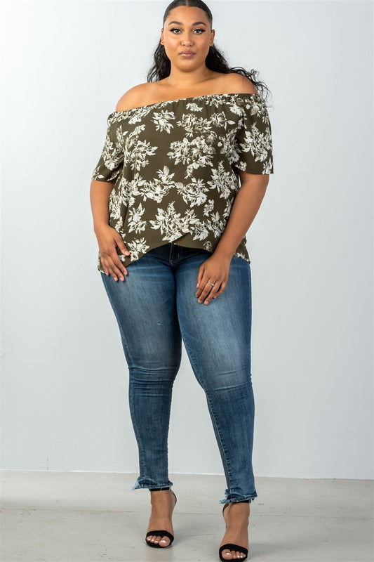 Ladies fashion plus size all over white leaf print overlap front off the shoulder top