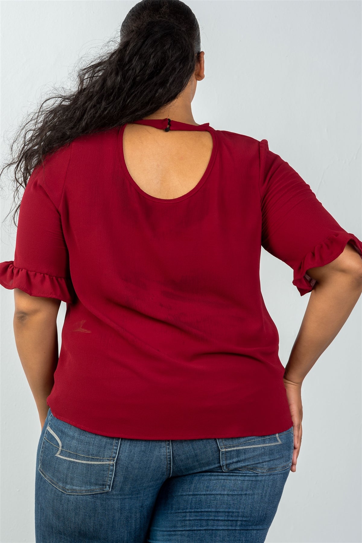Ladies fashion plus size 3/4 sleeve mock neck keyhole choker top