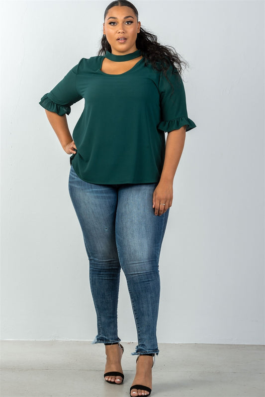 Ladies fashion plus size 3/4 sleeve mock neck keyhole choker top