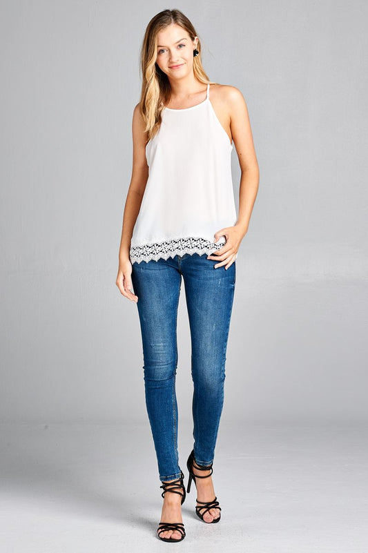 Ladies fashion halter neck w/button crochet lace hem woven top