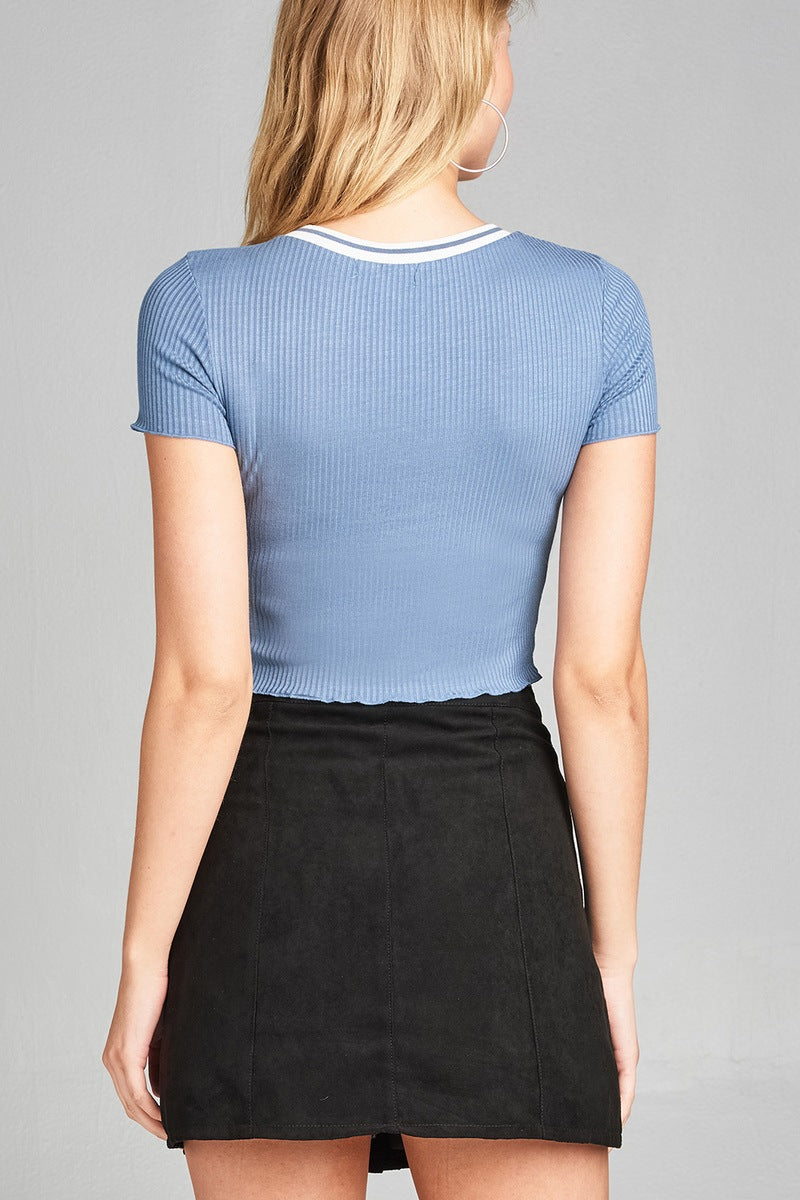 Ladies fashion short sleeve round neck w/rib band lettuce hem rayon spandex rib crop top