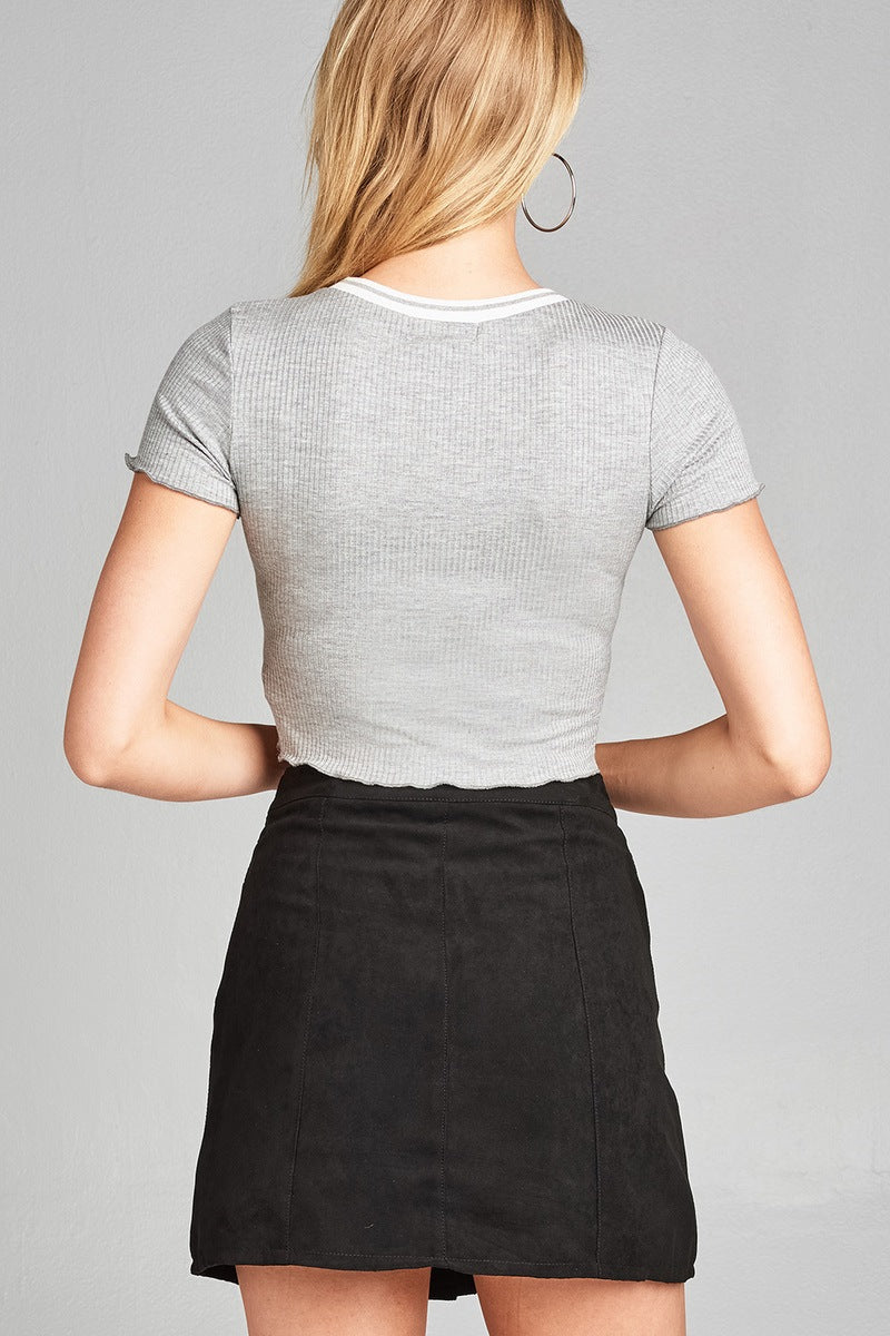 Ladies fashion short sleeve round neck w/rib band lettuce hem rayon spandex rib crop top