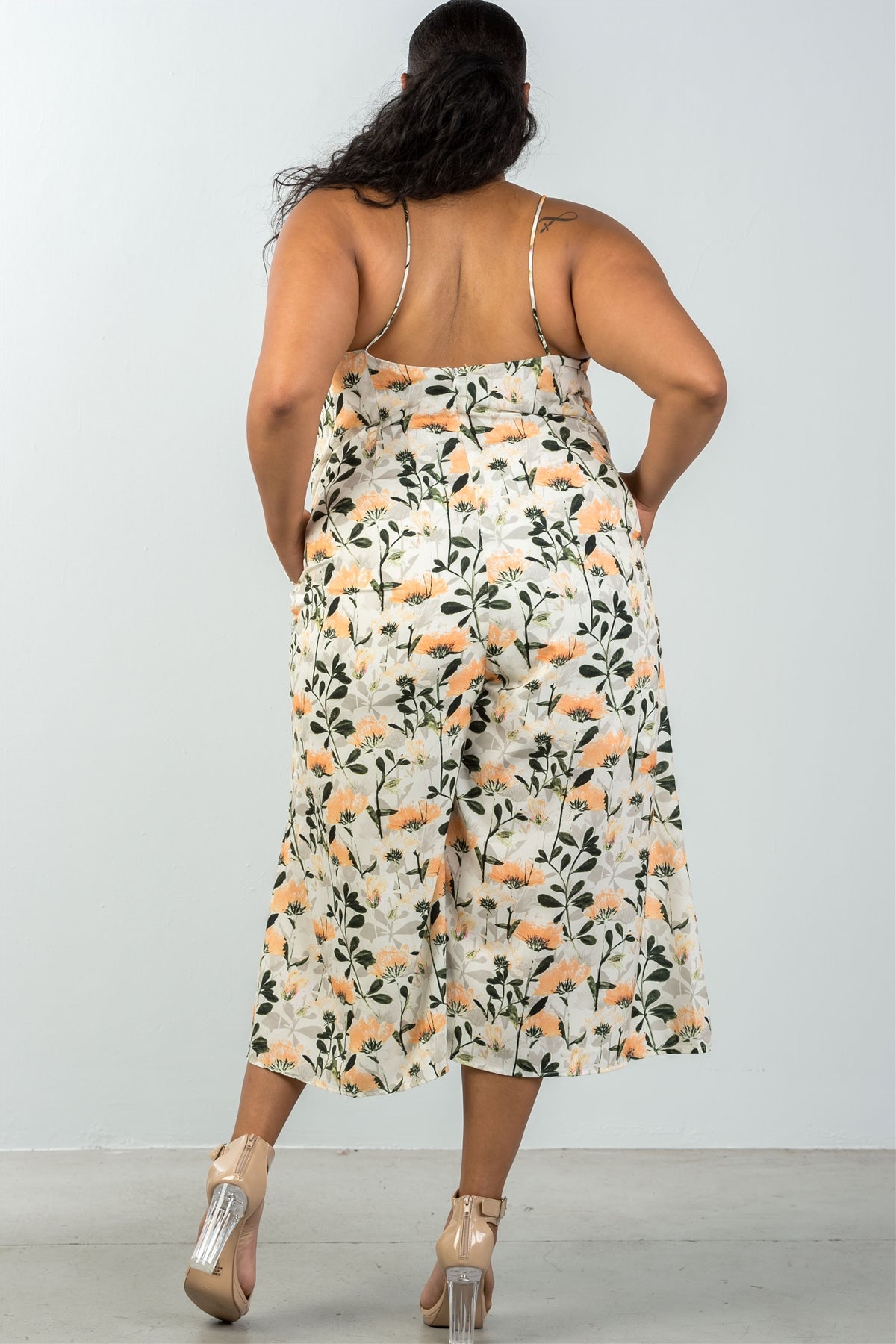 Ladies fashion plus size spaghetti strap yellow & floral capri jumpsuit