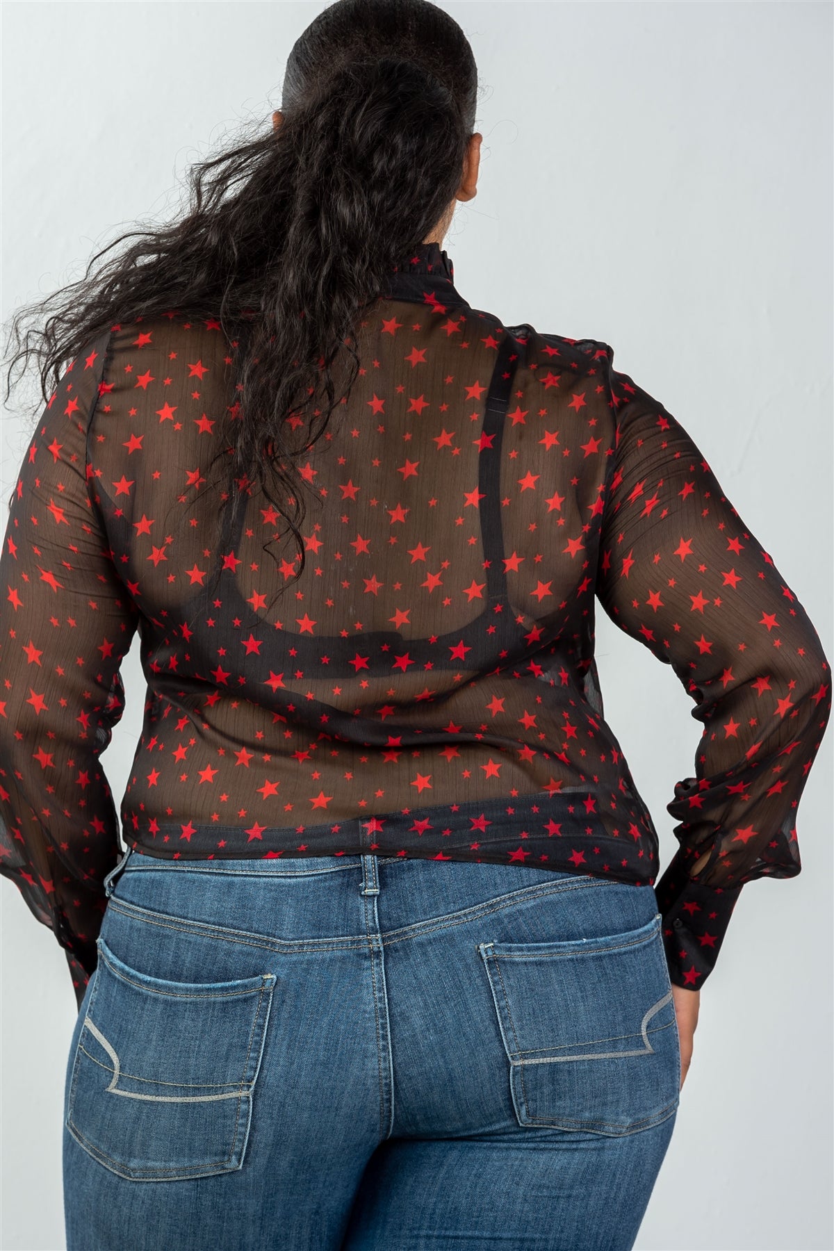 Ladies fashion plus size long sleeve star print high neck mesh top